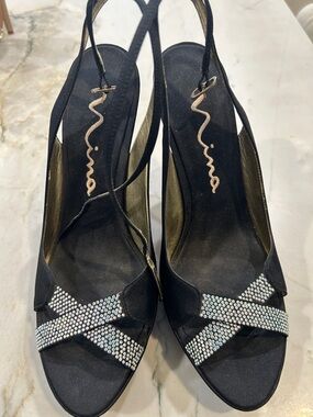 Nina Black Satin Platform with Crystal Cross at toe and ankle strap 8.5